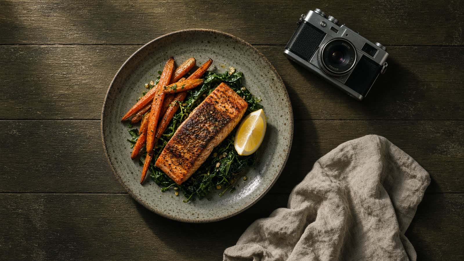A plated salmon dinner beside a camera on a dark wooden table